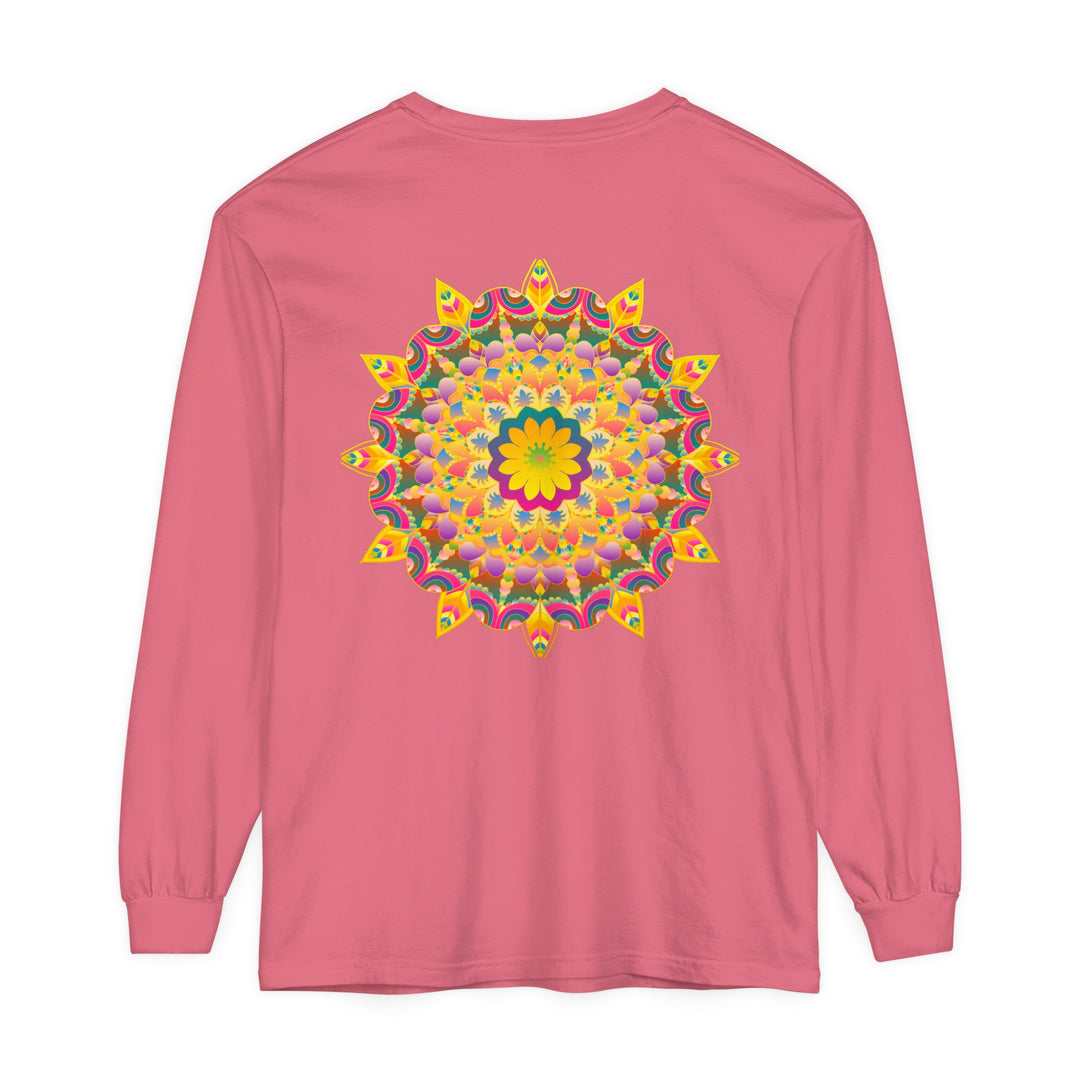 Vibrant and colorful psychedelic mandala design on a long sleeve t-shirt