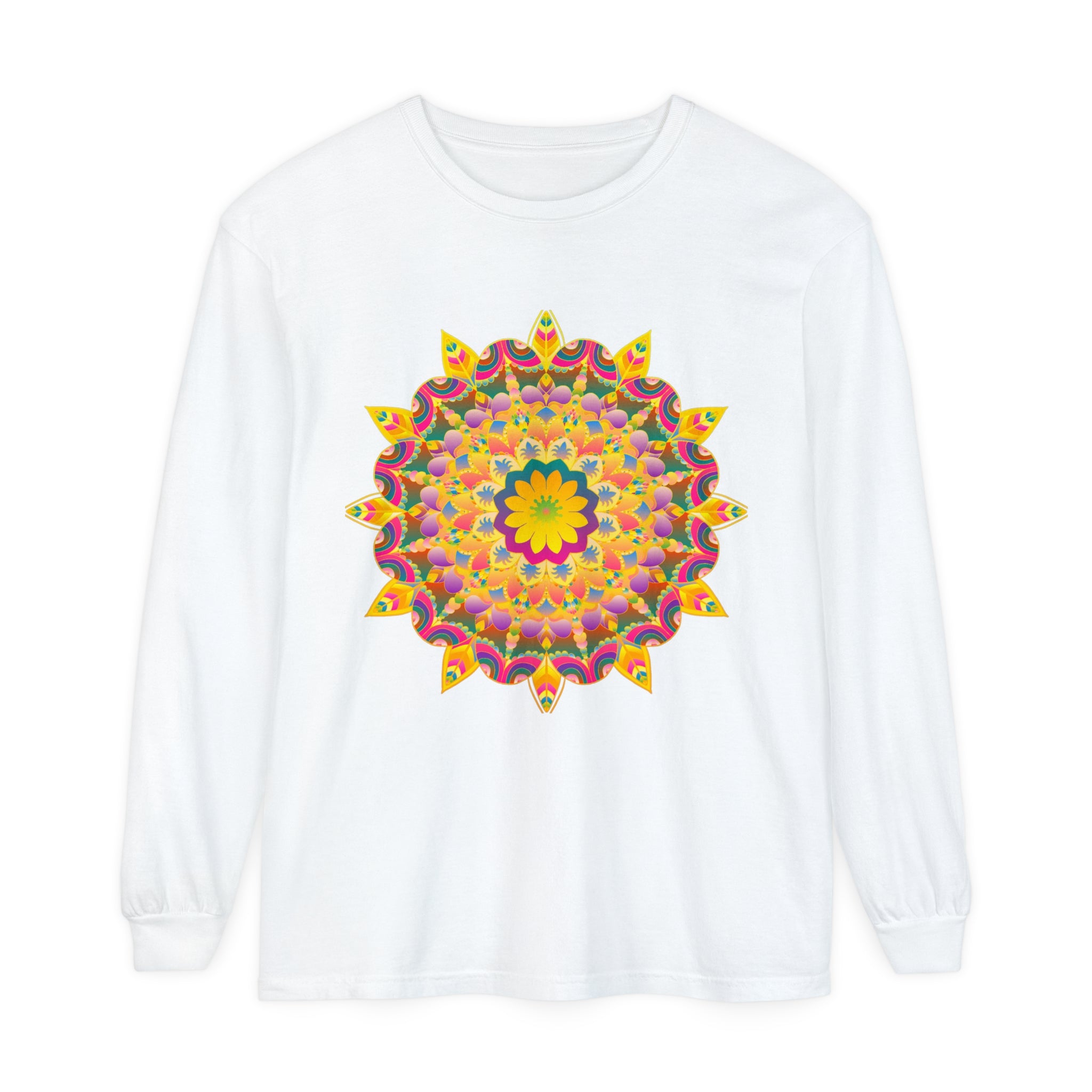 Psychedelic mandala long sleeve t-shirt with vibrant purple and blue hues