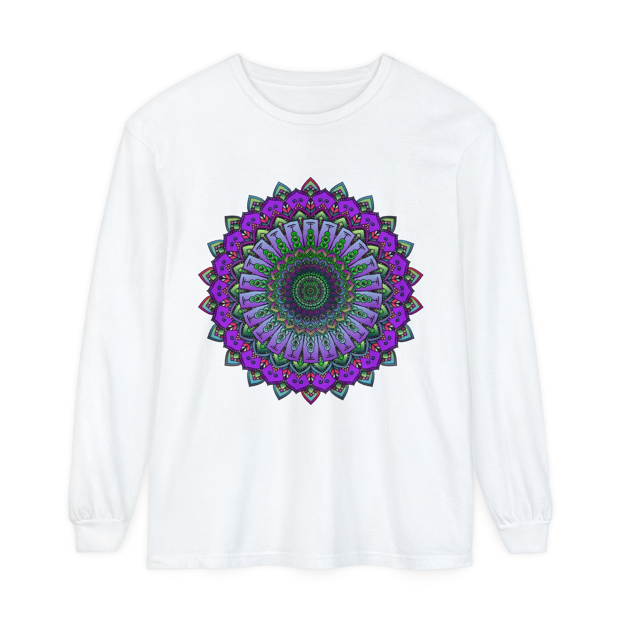 Intricate Mandala Unisex Long Sleeve T-Shirt featuring a detailed and symmetrical mandala design