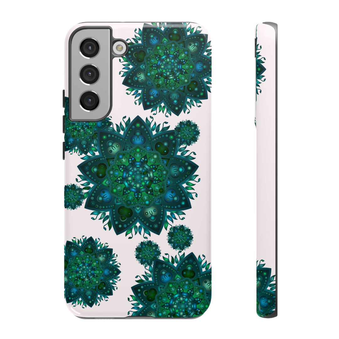 Beautiful light pink and green mandala phone case with a peaceful and intricate design