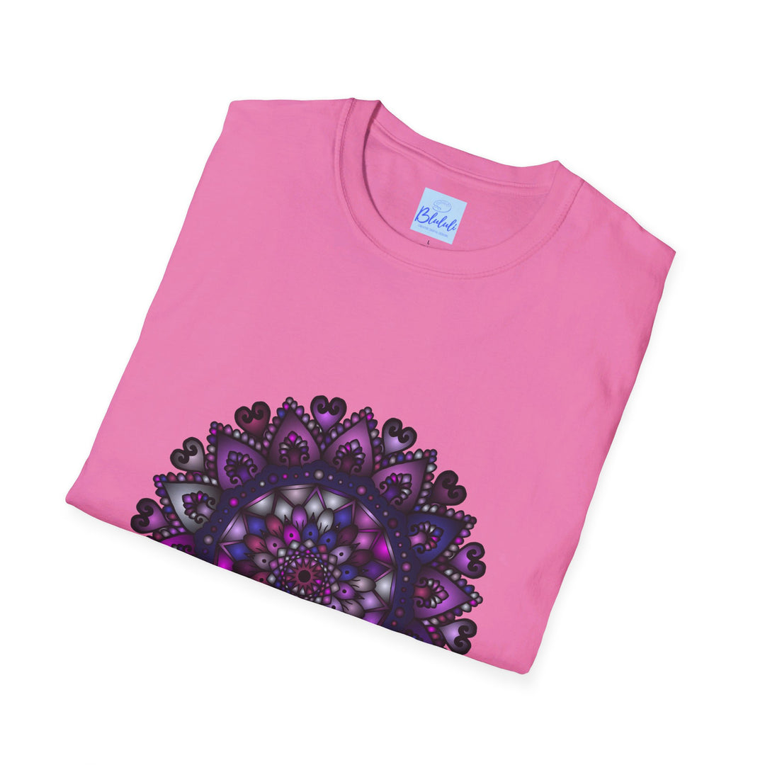 Beautiful hand-drawn purple mandala art design featured on unisex softstyle t-shirt