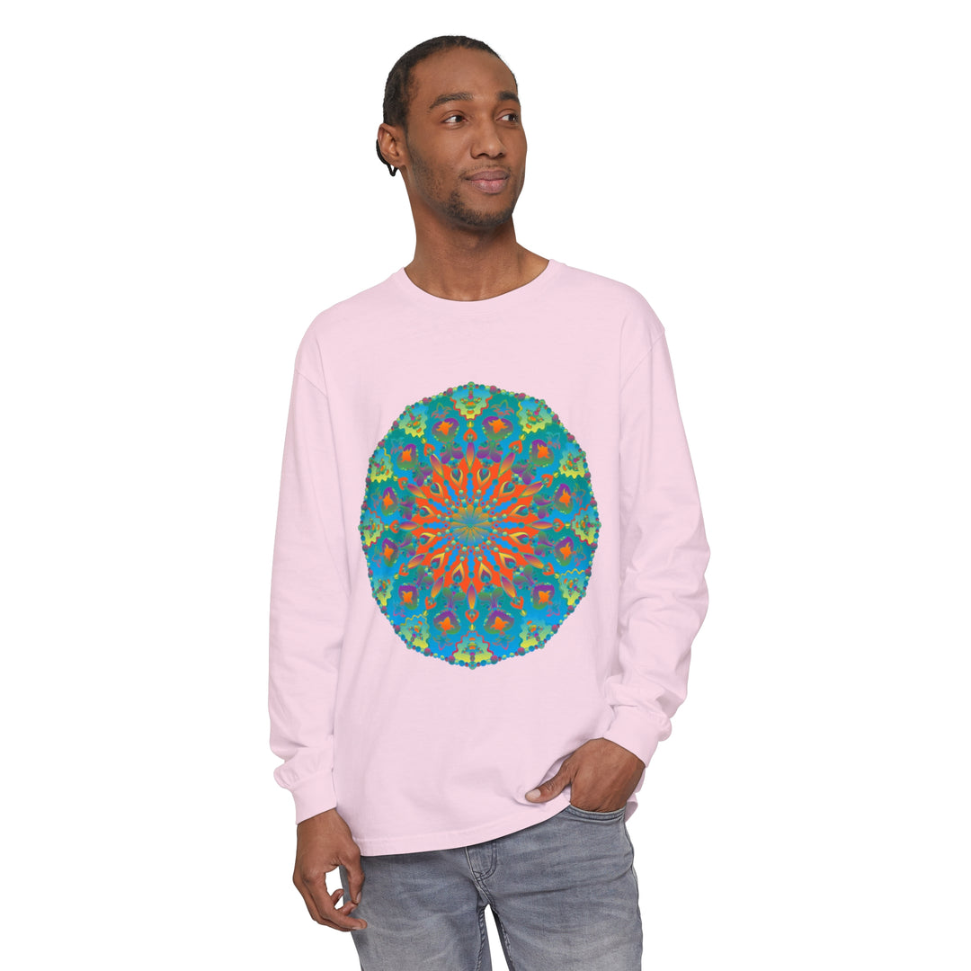 Colorful rainbow mandala design on a long sleeve t-shirt