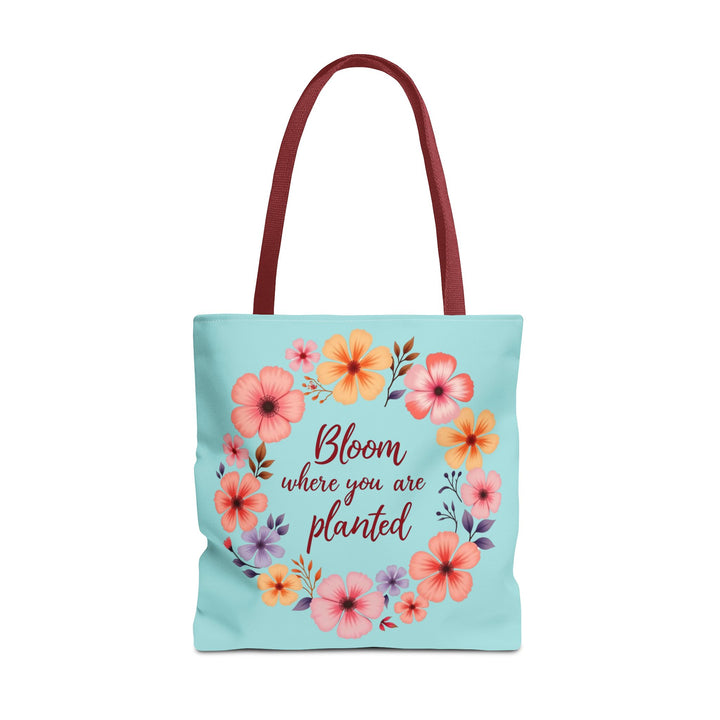 Colorful floral tote bag with the quote 'Bloom Where You Are Planted' available in three sizes