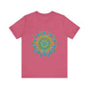 A colorful and intricate mandala tee with a circular floral design