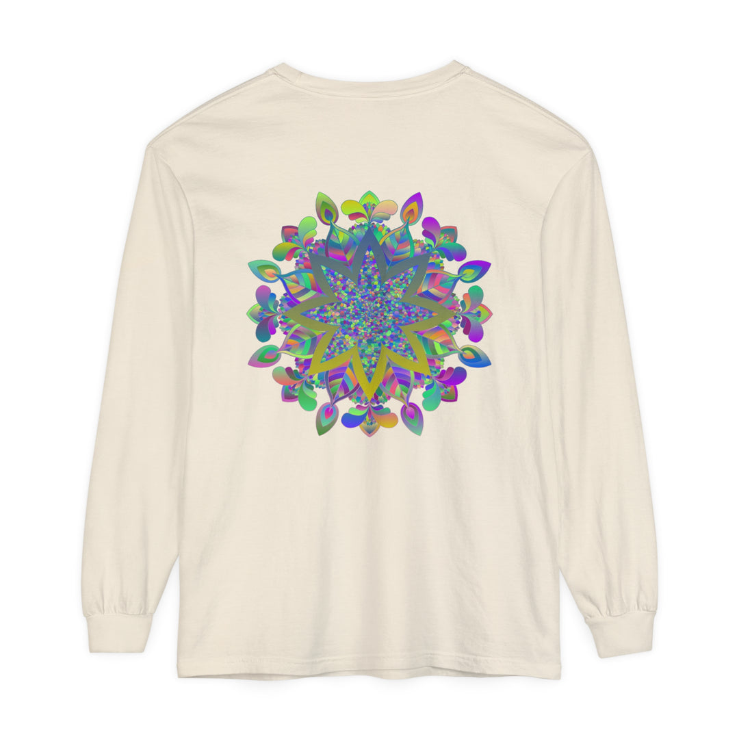 Colorful Mandala design in vibrant hues on a unisex long sleeve t-shirt