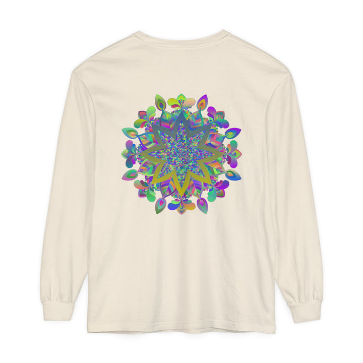 Colorful Mandala design in vibrant hues on a unisex long sleeve t-shirt