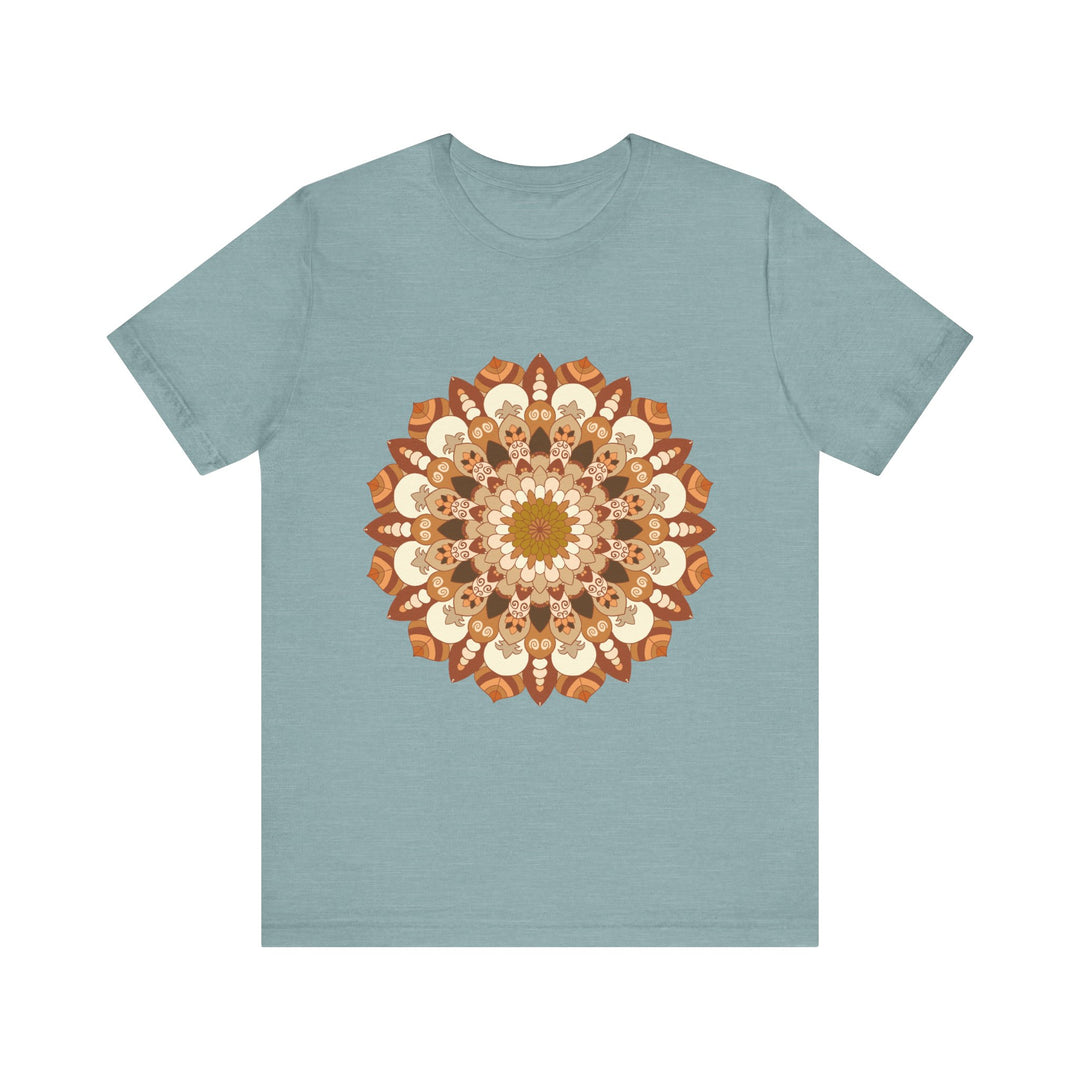 A close-up image of the Intricate Mandala Tee in brown and orange, showcasing the intricate mandala design and vibrant color combination