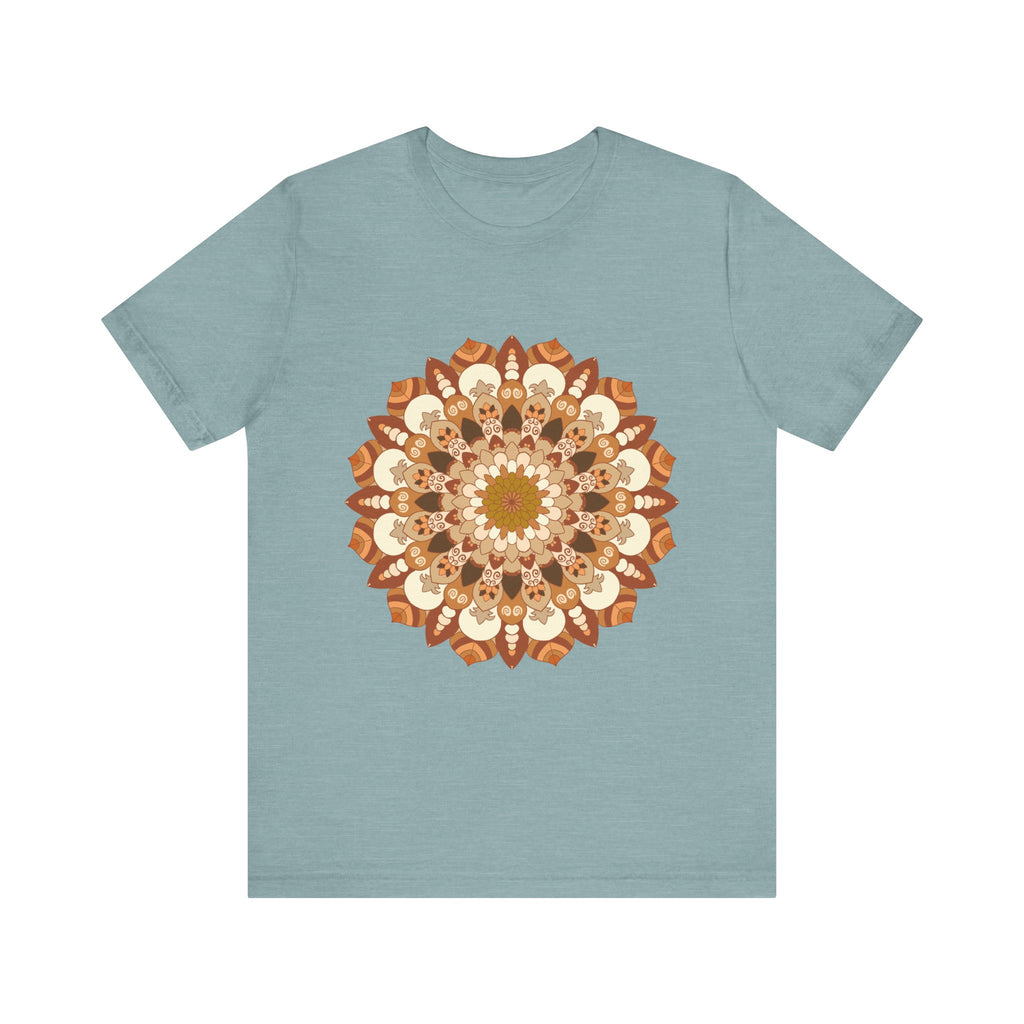 A close-up image of the Intricate Mandala Tee in brown and orange, showcasing the intricate mandala design and vibrant color combination