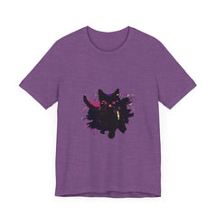 A vibrant and eye-catching black cat mystery t-shirt with bold and colorful design
