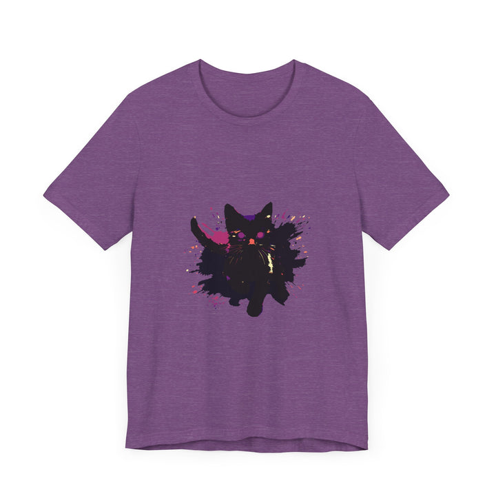 A vibrant and eye-catching black cat mystery t-shirt with bold and colorful design