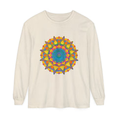 Colorful and intricate mandala design on a unisex long sleeve t-shirt