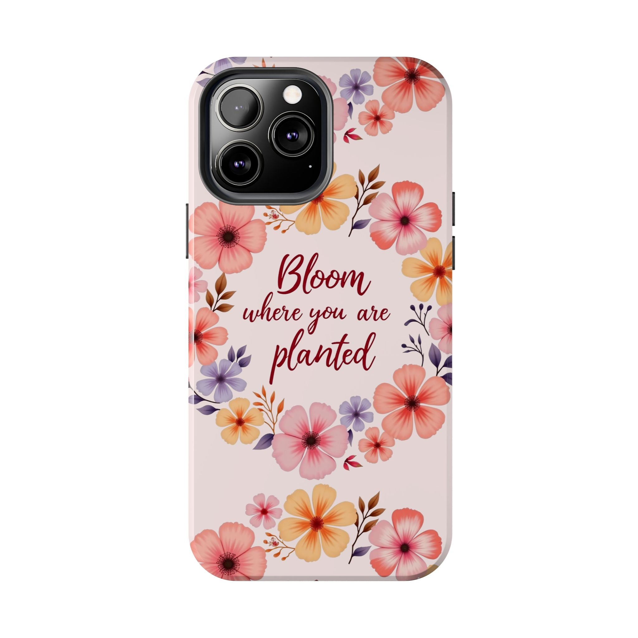 A light pink phone case with a beautifully detailed flower garland design