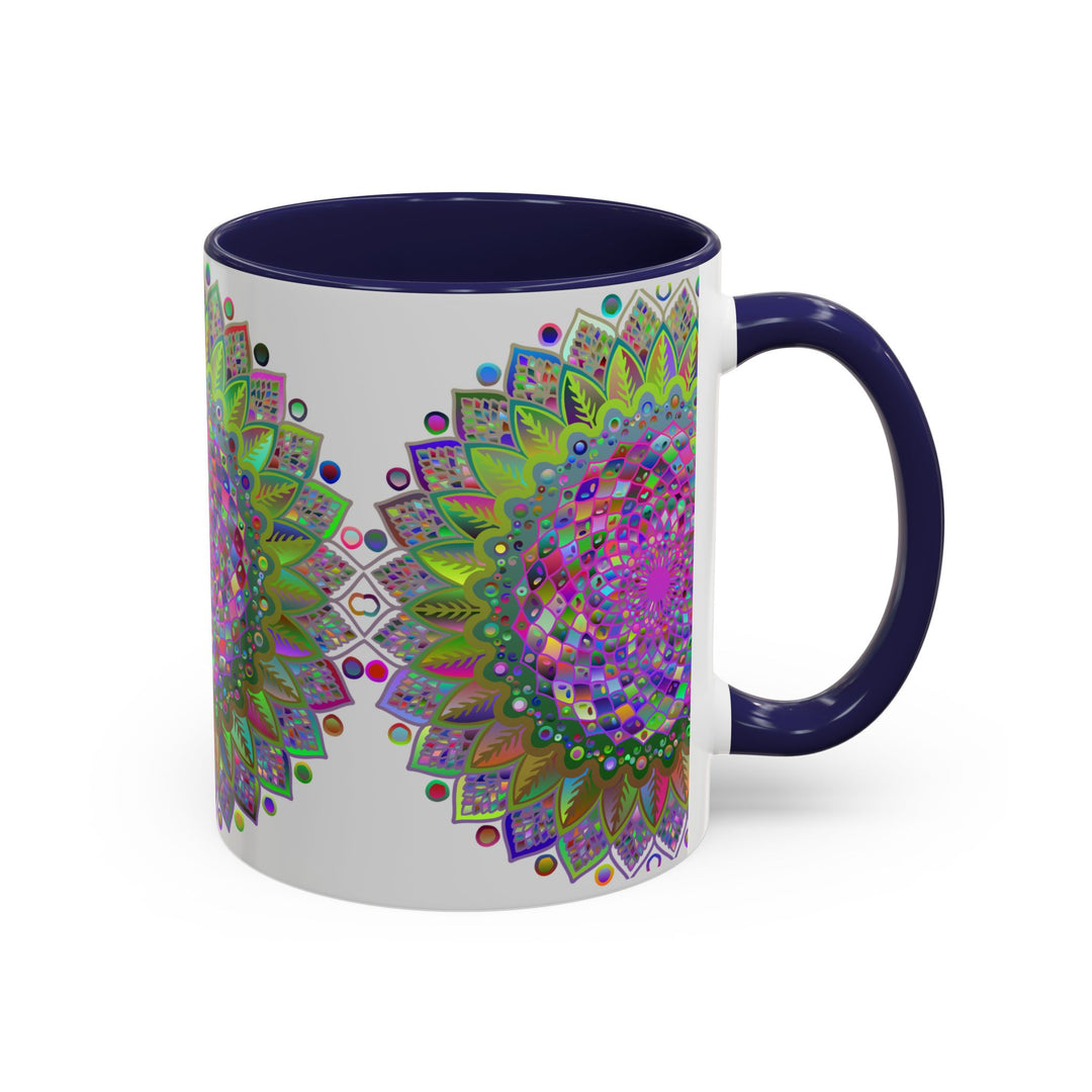 Beautiful grey mug with vibrant psychedelic mandala art design for coffee and tea lovers