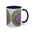 Beautiful grey mug with vibrant psychedelic mandala art design for coffee and tea lovers