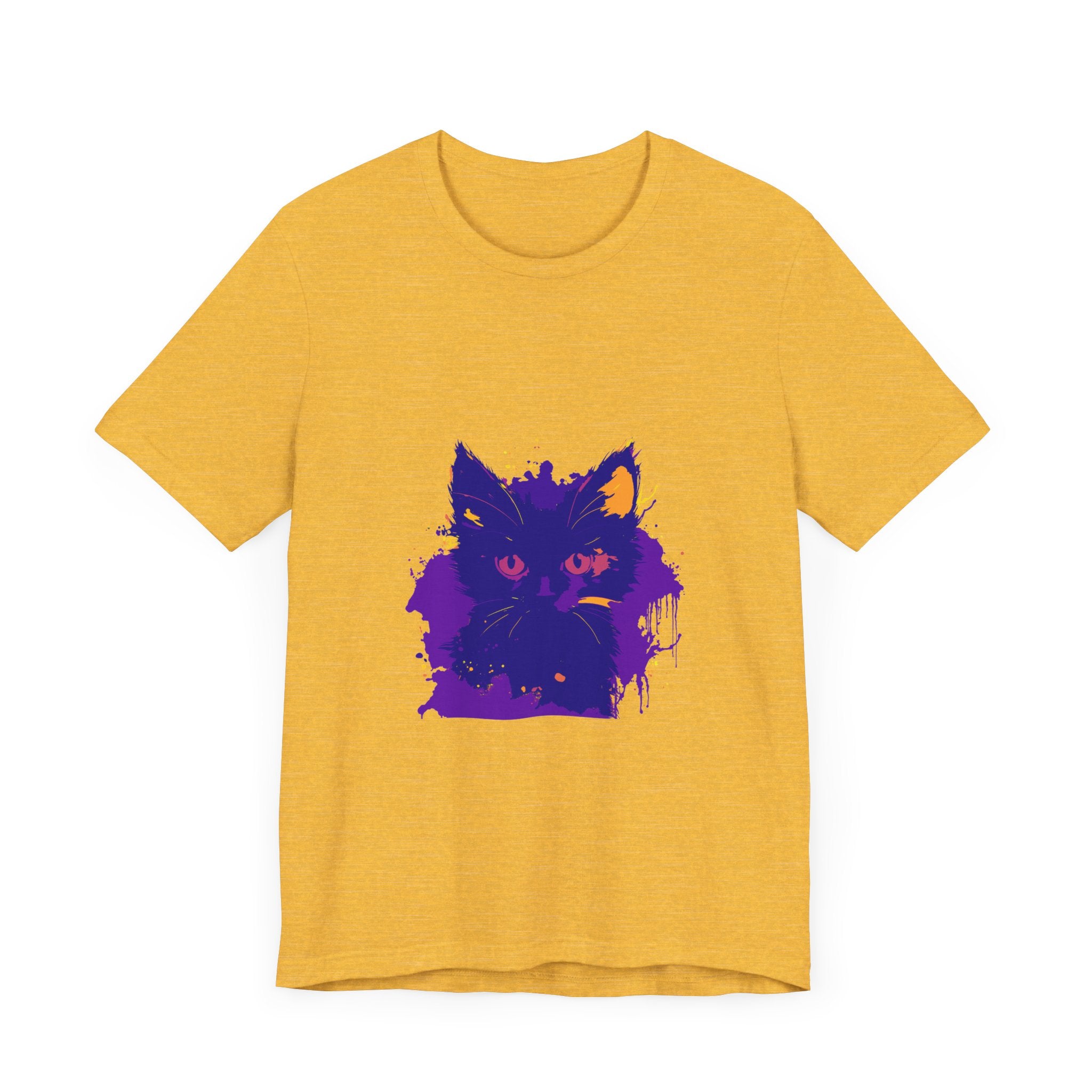 Whimsical blue and pink cat t-shirt with adorable feline design