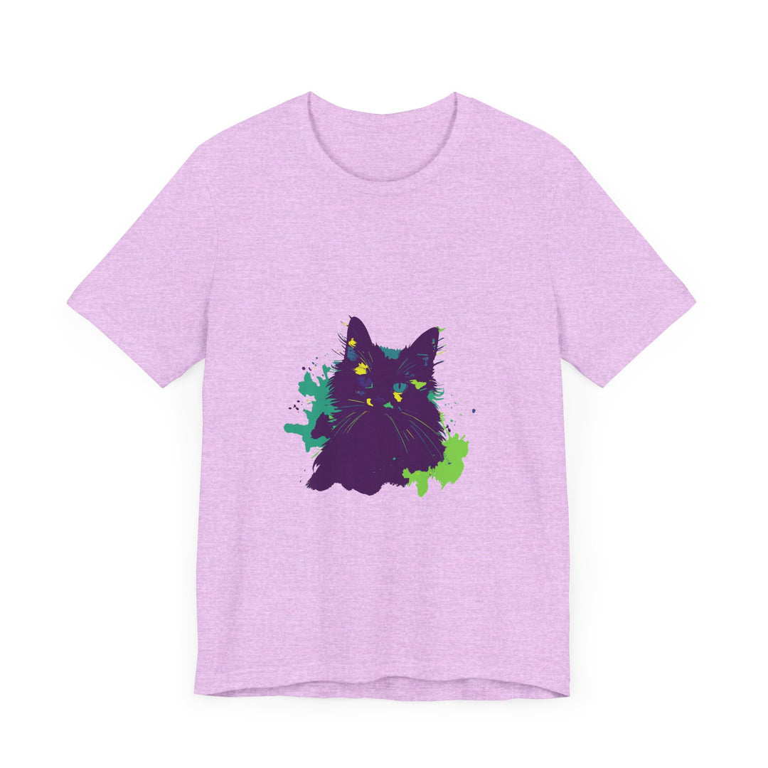 A vibrant purple t-shirt with a mysterious, abstract cat design