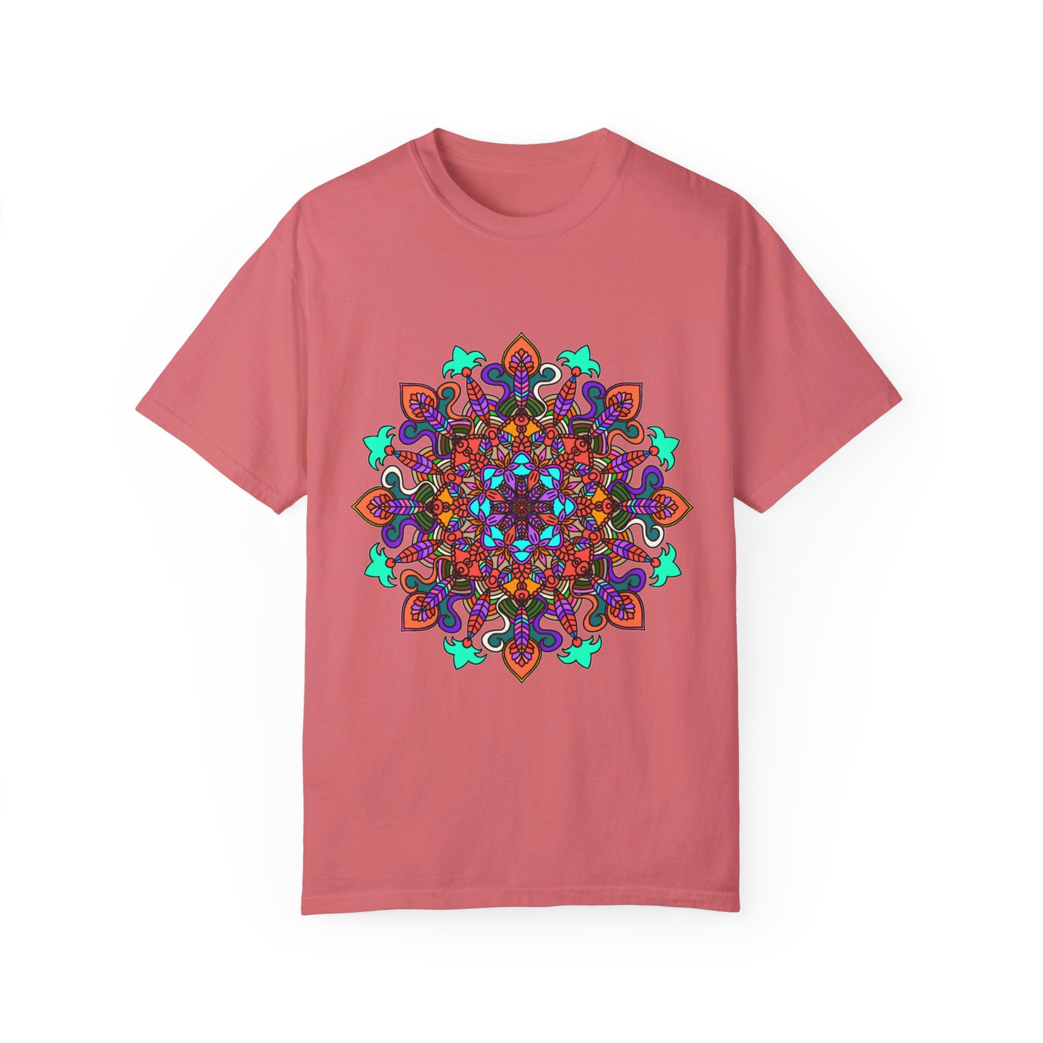 Unisex mandala t-shirt made of 100% ring-spun cotton, featuring hand-drawn mandala art and garment-dyed for extra comfort