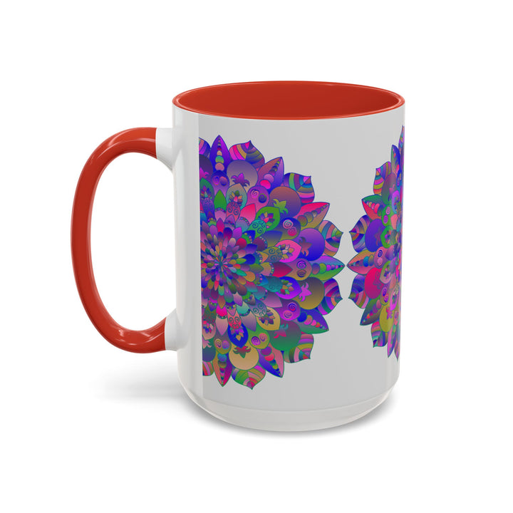 Colorful and intricate psychedelic mandala mug with spiritual art design