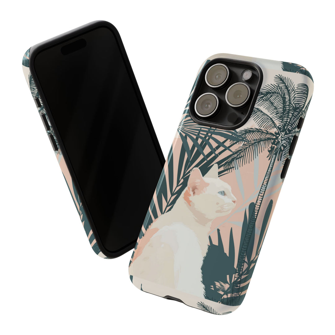 Tropische Katzen-Telefonhülle mit üppigen Palmenmotiven und sanften Pastelltönen