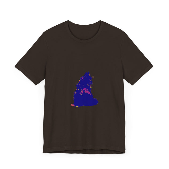 A vibrant and eye-catching black cat mystery t-shirt with colorful design on display