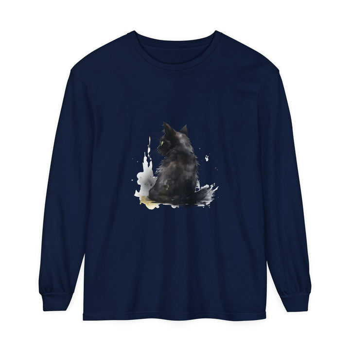 Black Cat Watercolor Dream Long Sleeve T-Shirt featuring a stunning watercolor design of a black cat against a dreamy background