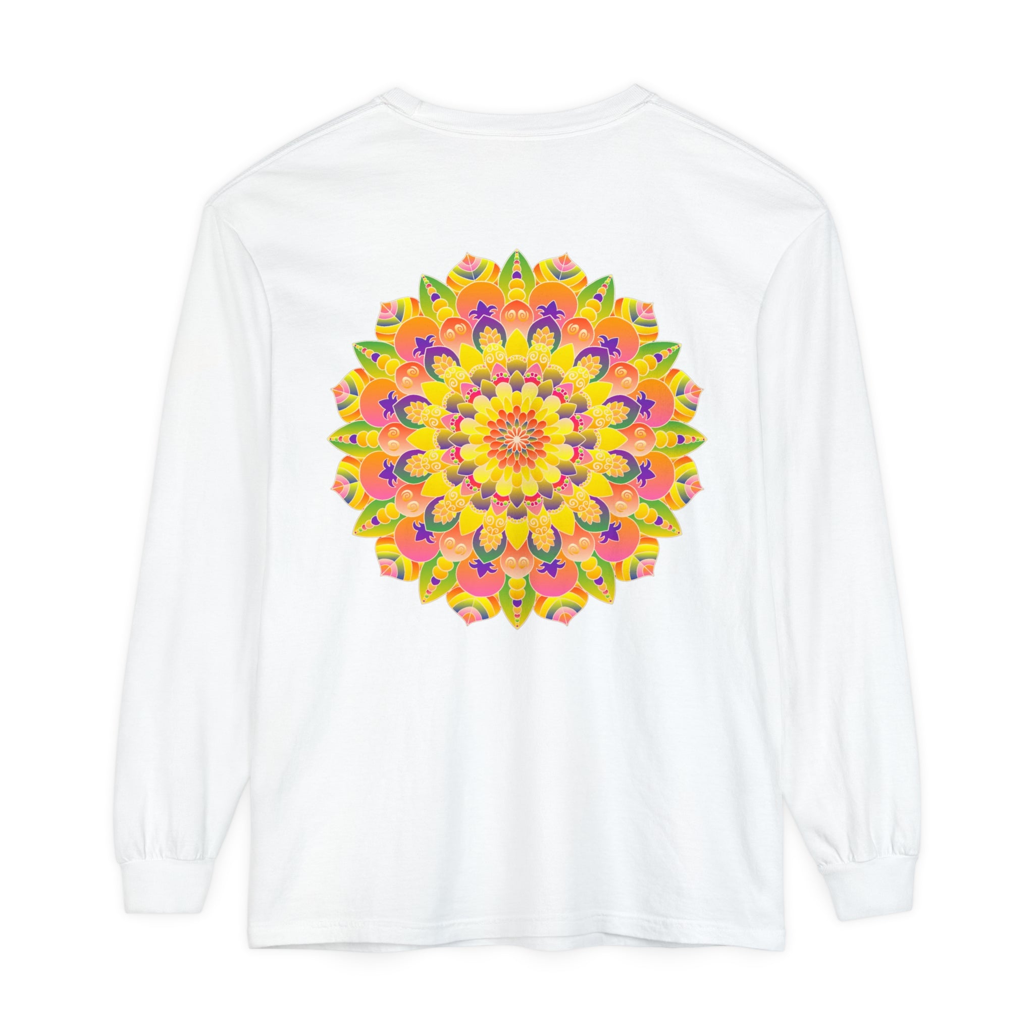 Colorful and intricate mandala design on a unisex long sleeve t-shirt