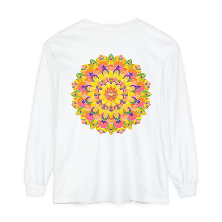 Colorful and intricate mandala design on a unisex long sleeve t-shirt