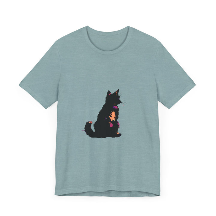 Black Cat Mystery Abstract T-Shirt featuring a bold, enigmatic design with a mysterious black cat motif on a high-quality, comfortable black cotton tee