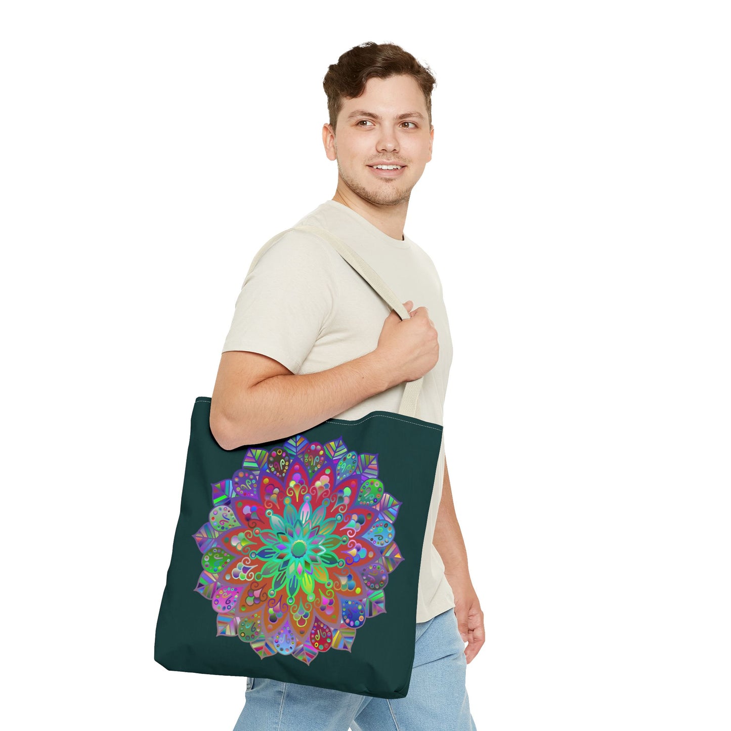 Dark green tote bag with vibrant, intricate mandala design in various colors