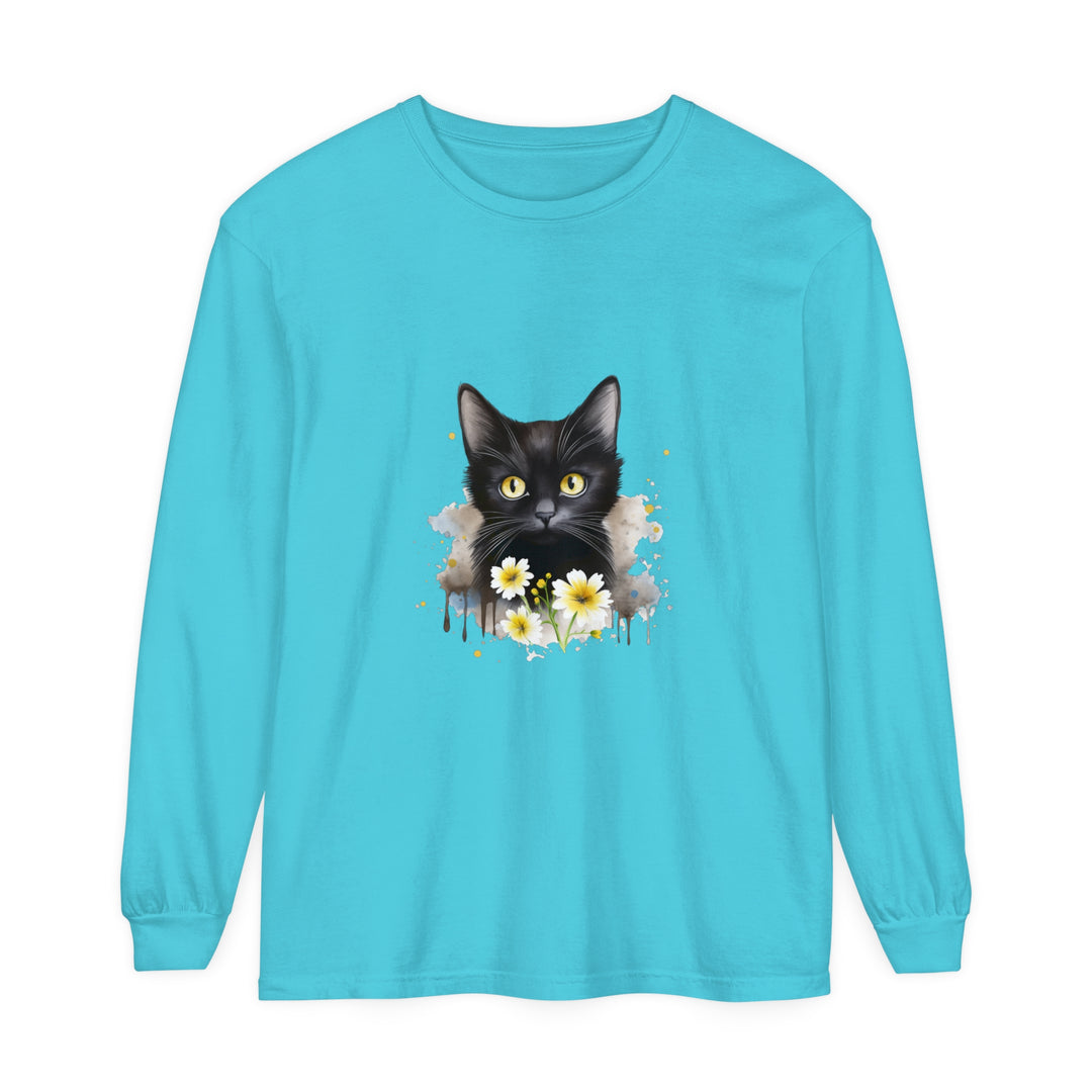 Black Cat Watercolor Floral Unisex T-Shirt with intricate hand-painted design