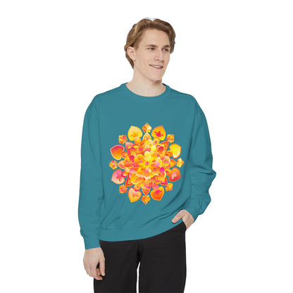 Colorful mandala sweatshirt featuring yoga, meditation, and peace symbols for a mindful and comfortable style for everyday wear