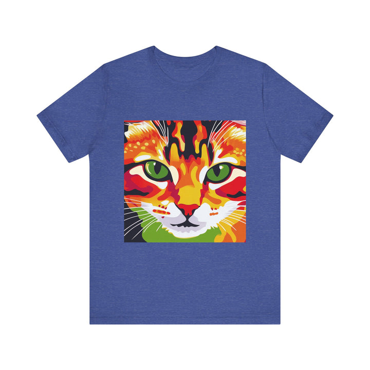 Colorful and vibrant Savanna Cat Abstract Art T-Shirt, perfect for cat lovers and art enthusiasts, featuring a unique and eye-catching design