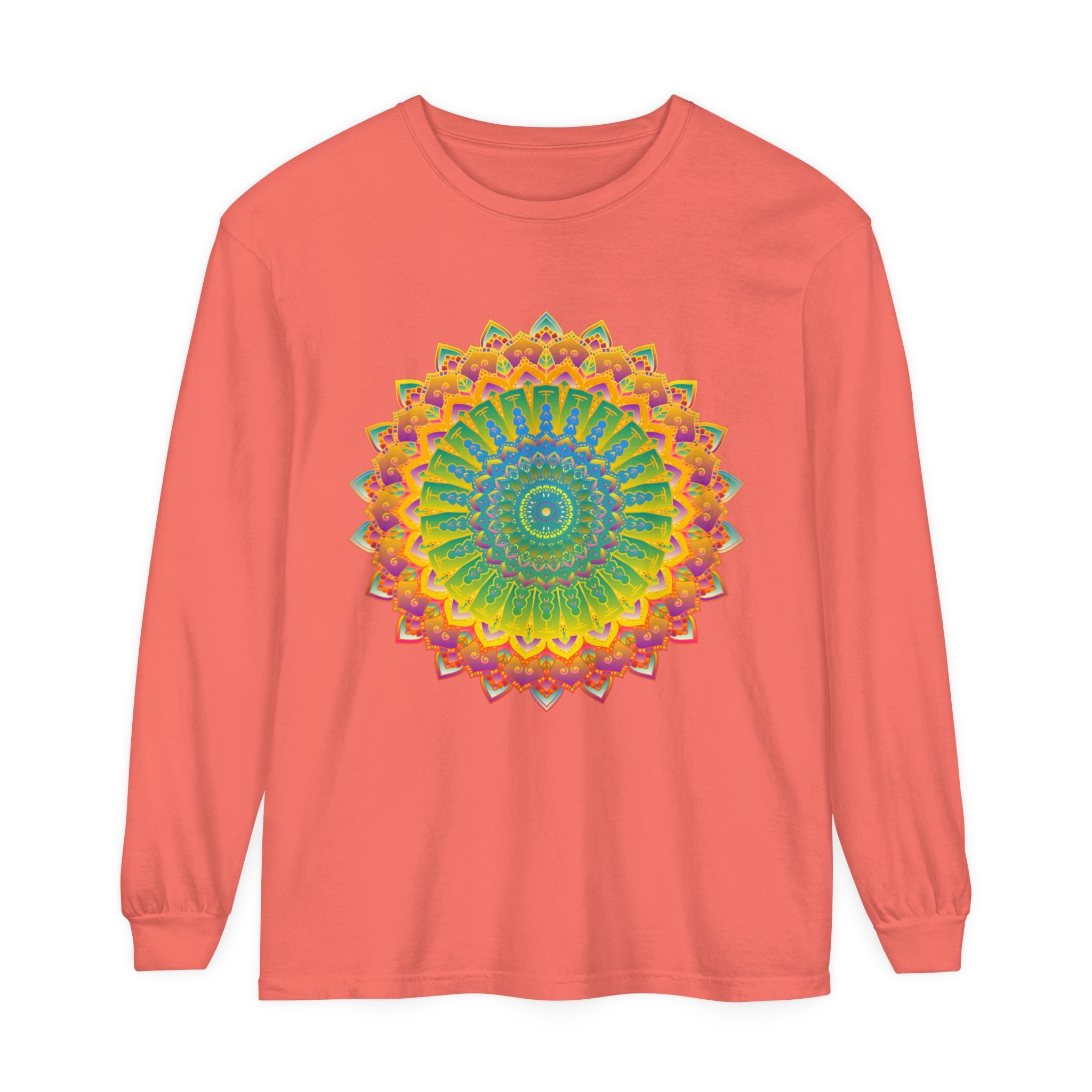 Intricate Mandala Unisex Long Sleeve T-Shirt featuring vibrant, detailed mandala design