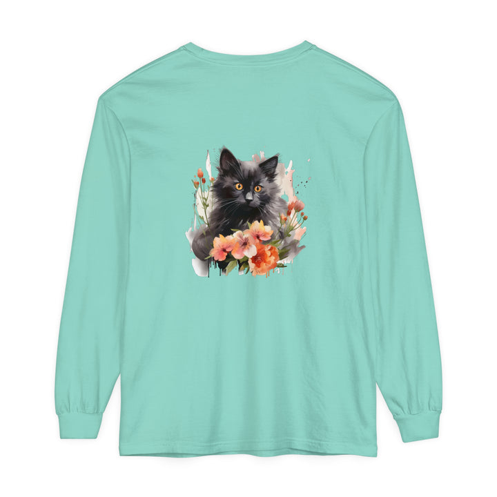 Beautiful watercolor t-shirt featuring a black cat surrounded by colorful flowers