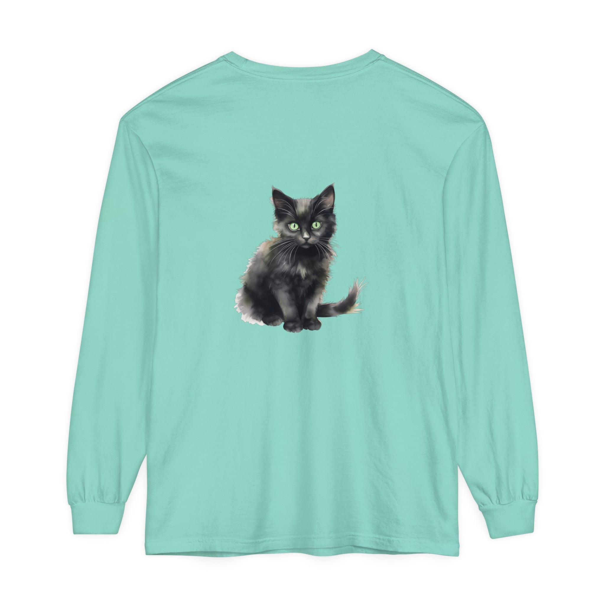 Watercolor style black cat t-shirt with vibrant green eyes design