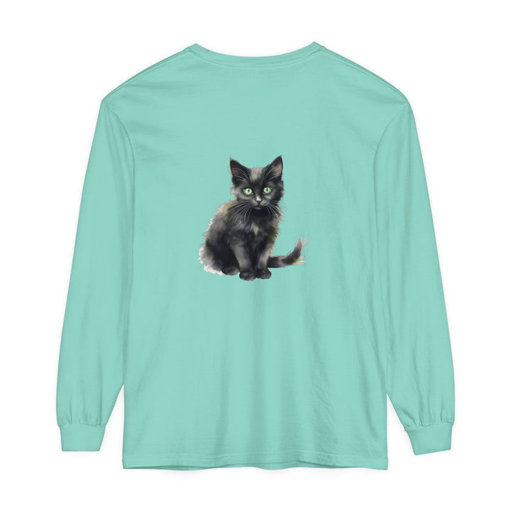 Watercolor style black cat t-shirt with vibrant green eyes design