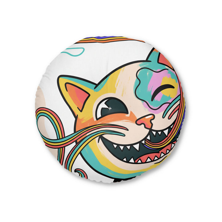 Round Tufted Floor Pillow — Grinning Rainbow Cat Cartoon with Paw Icons