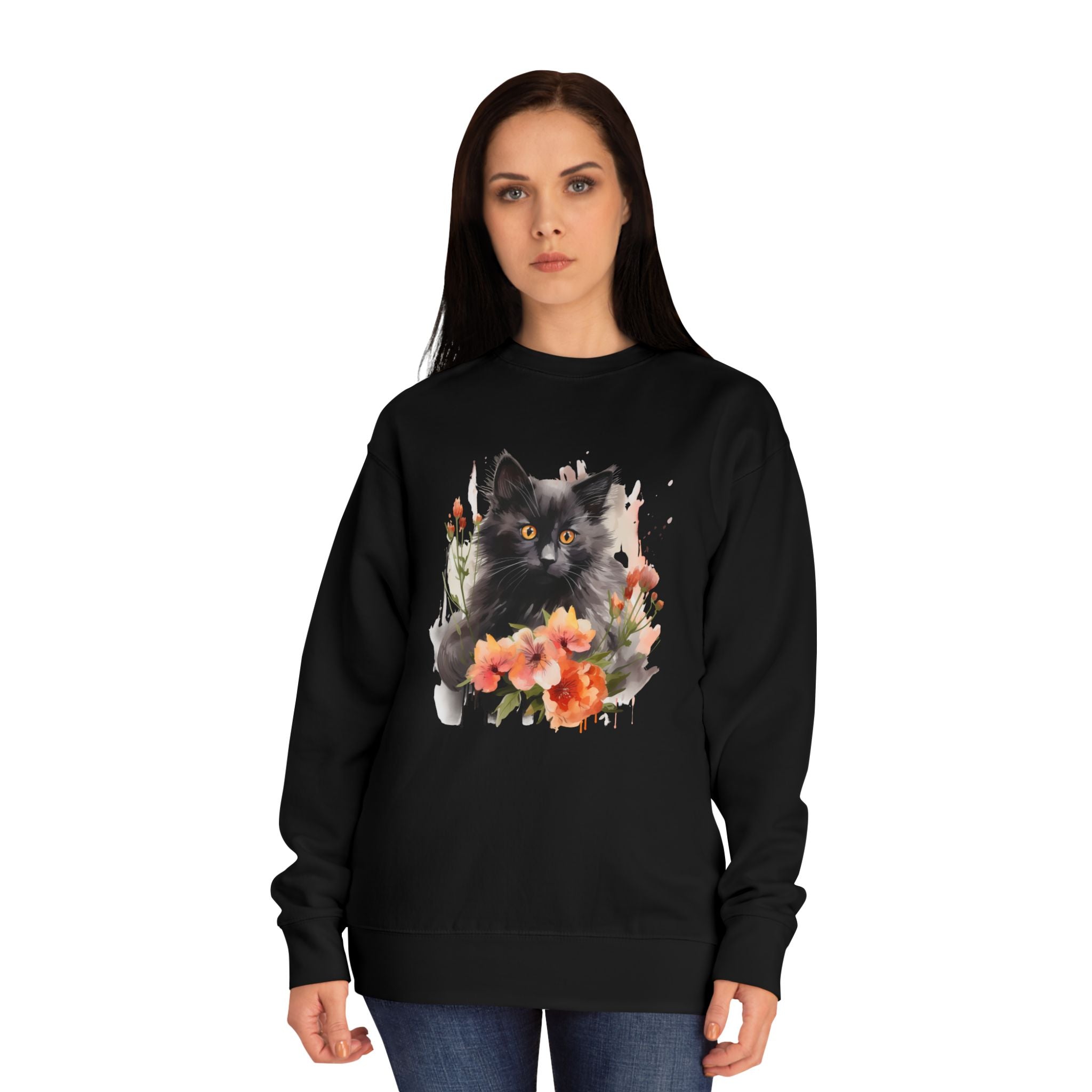 Black Cat and Blossoming Flowers Soft Cotton Sweatshirt