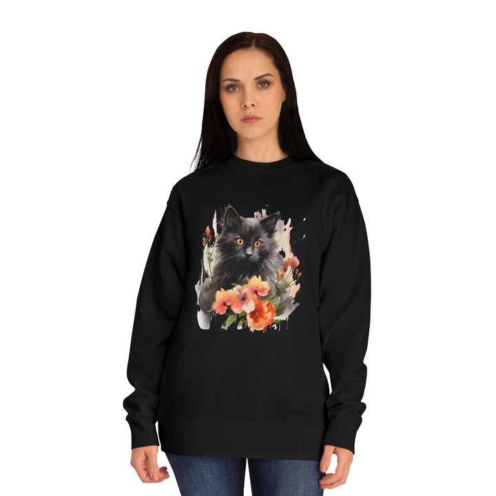 Black Cat and Blossoming Flowers Soft Cotton Sweatshirt