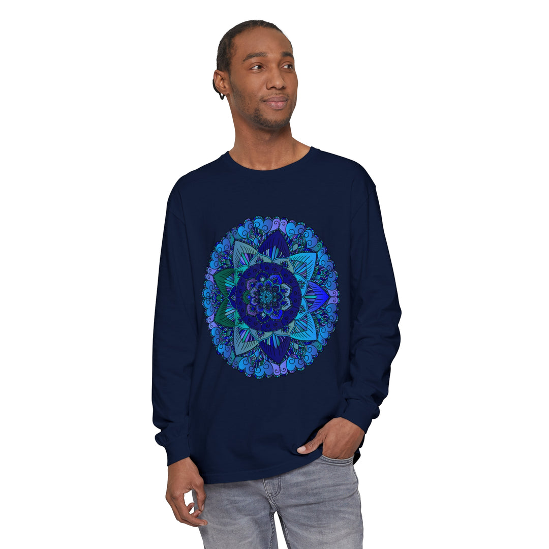 Dark blue and green mandala long sleeve t-shirt with intricate design