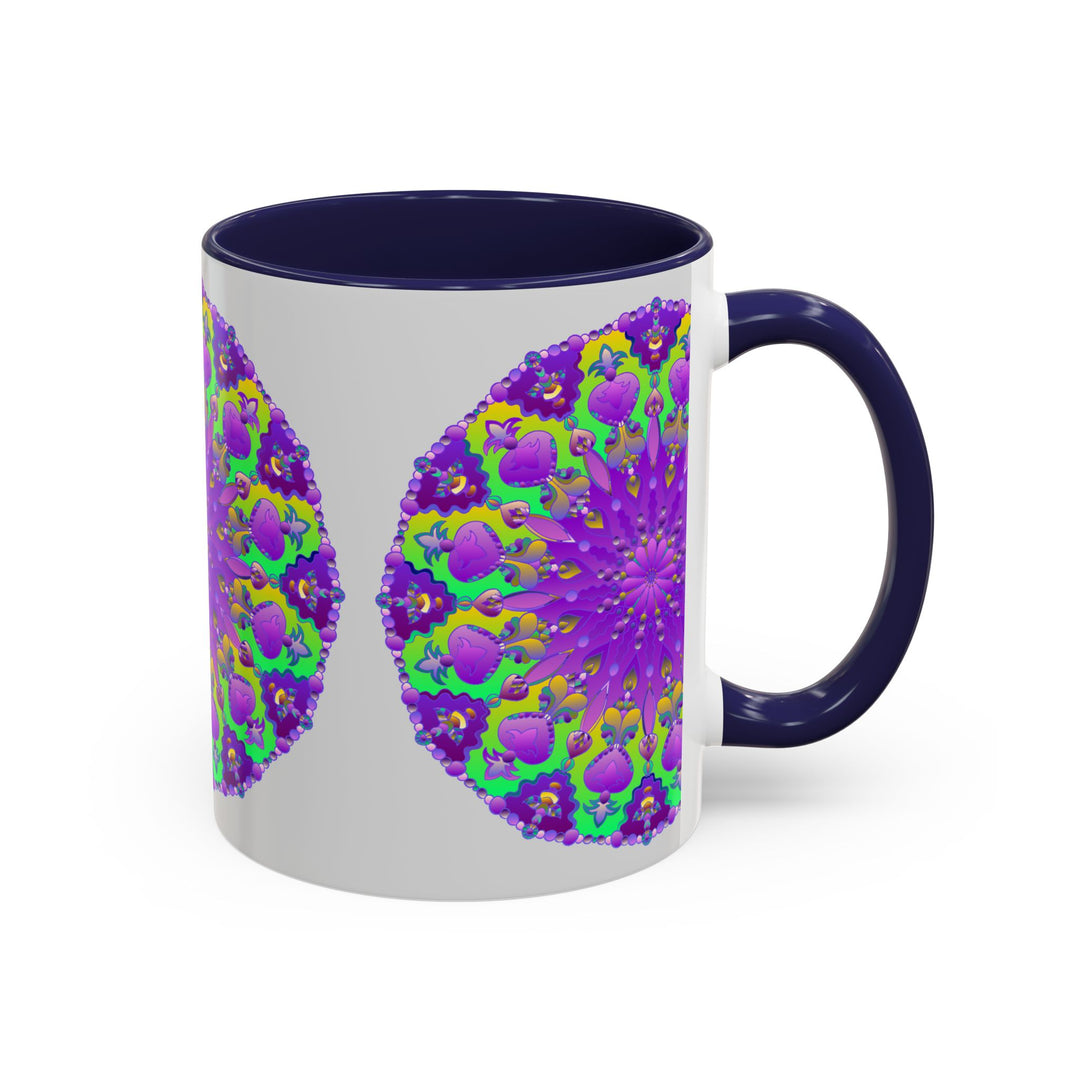 Beautiful purple mandala design on a grey mug, creating a vibrant and artistic look