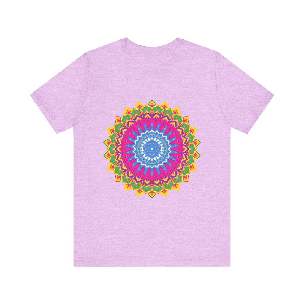 Close up image of a vibrant mandala tee, with intricate and colorful design