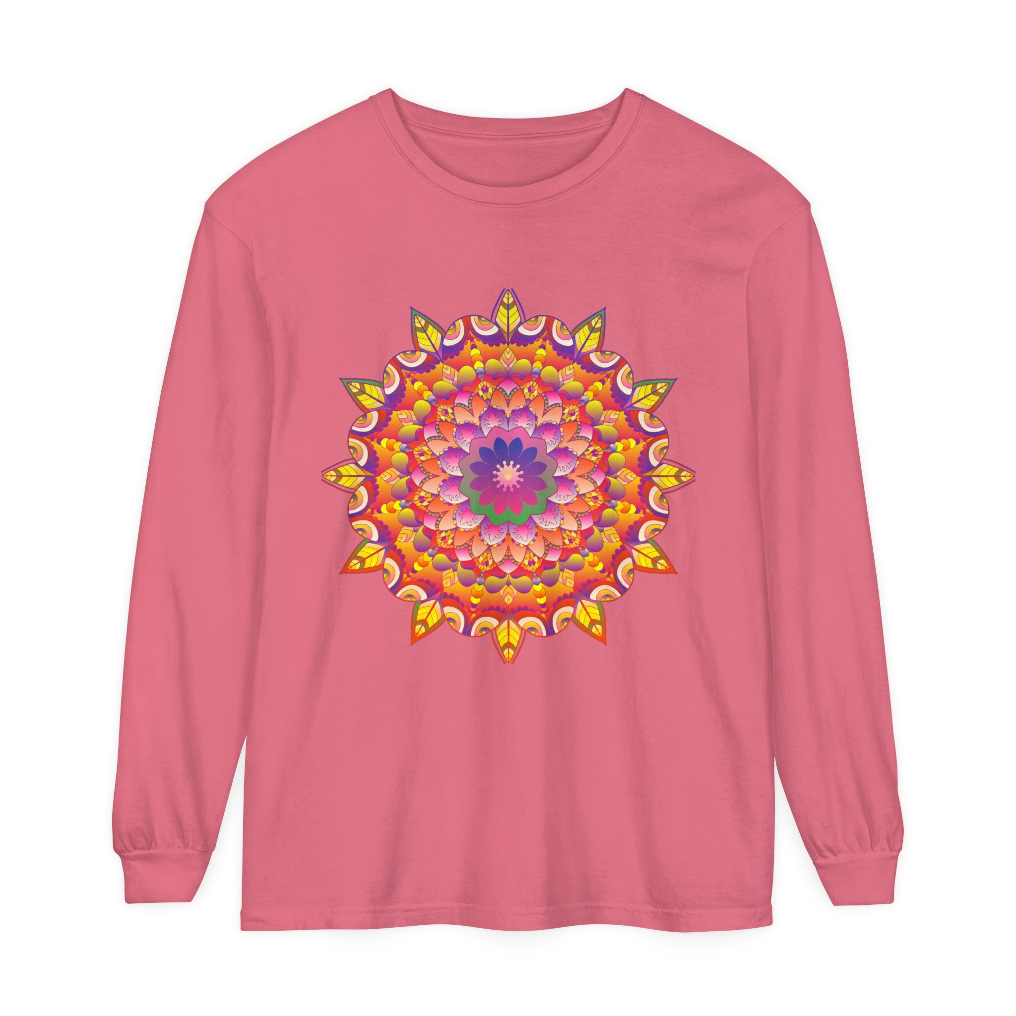 Colorful, intricate mandala design on a unisex long sleeve t-shirt