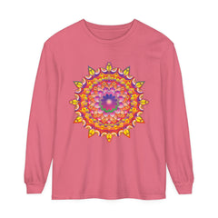 Colorful, intricate mandala design on a unisex long sleeve t-shirt