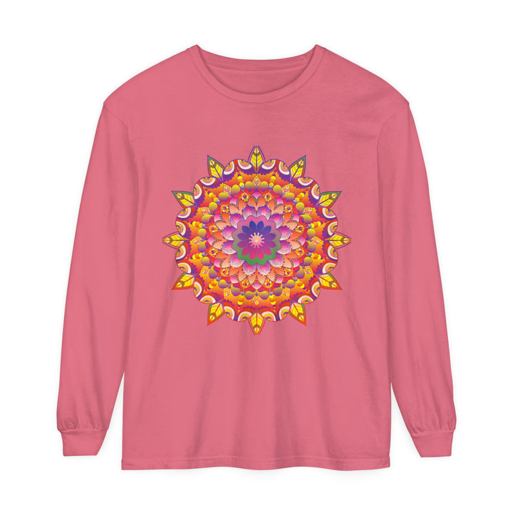 Colorful, intricate mandala design on a unisex long sleeve t-shirt