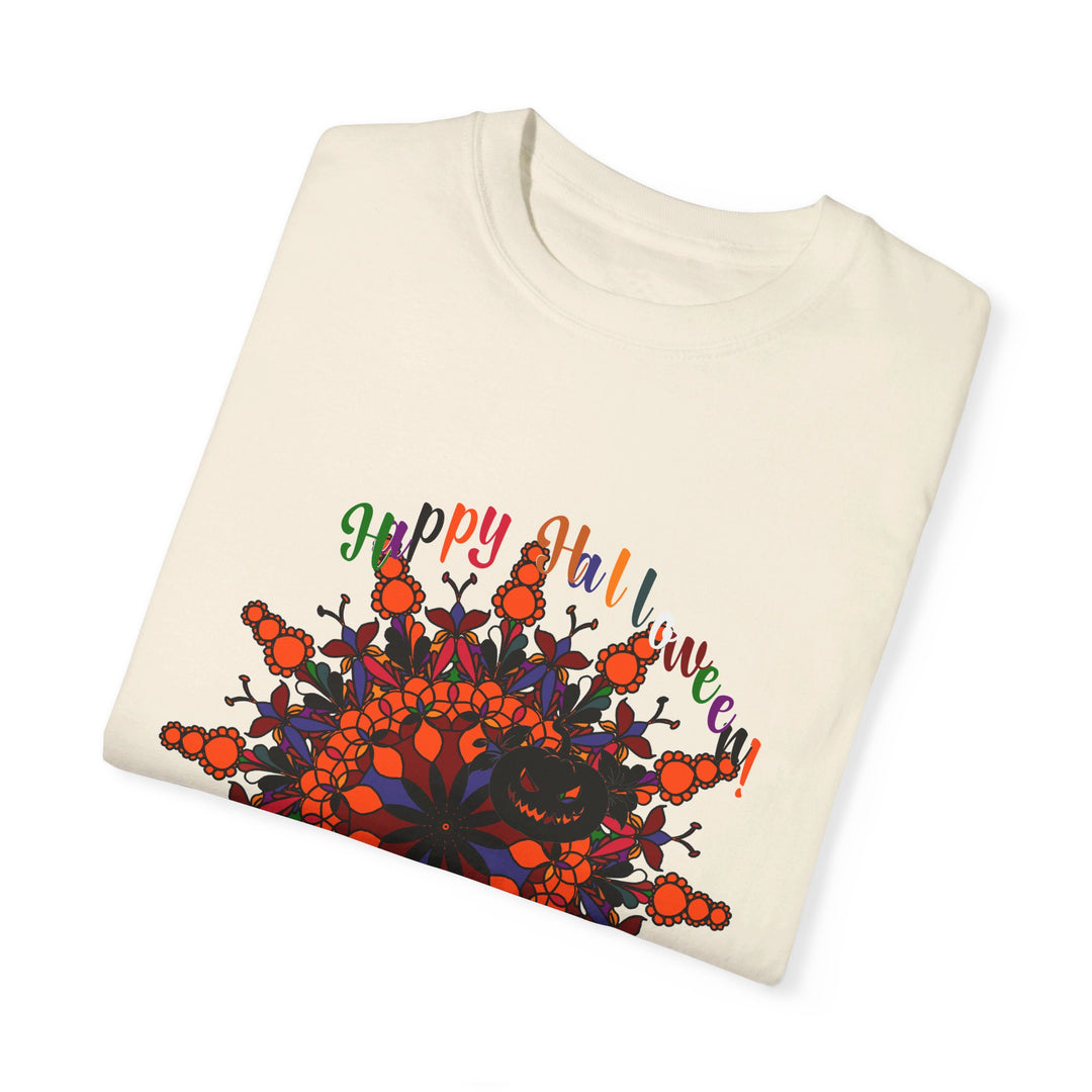 Unisex Halloween Mandala T-shirt featuring handmade pumpkin mandala art on a garment-dyed tee