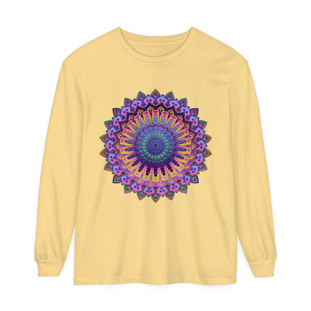 A detailed and vibrant mandala design on a unisex long sleeve t-shirt