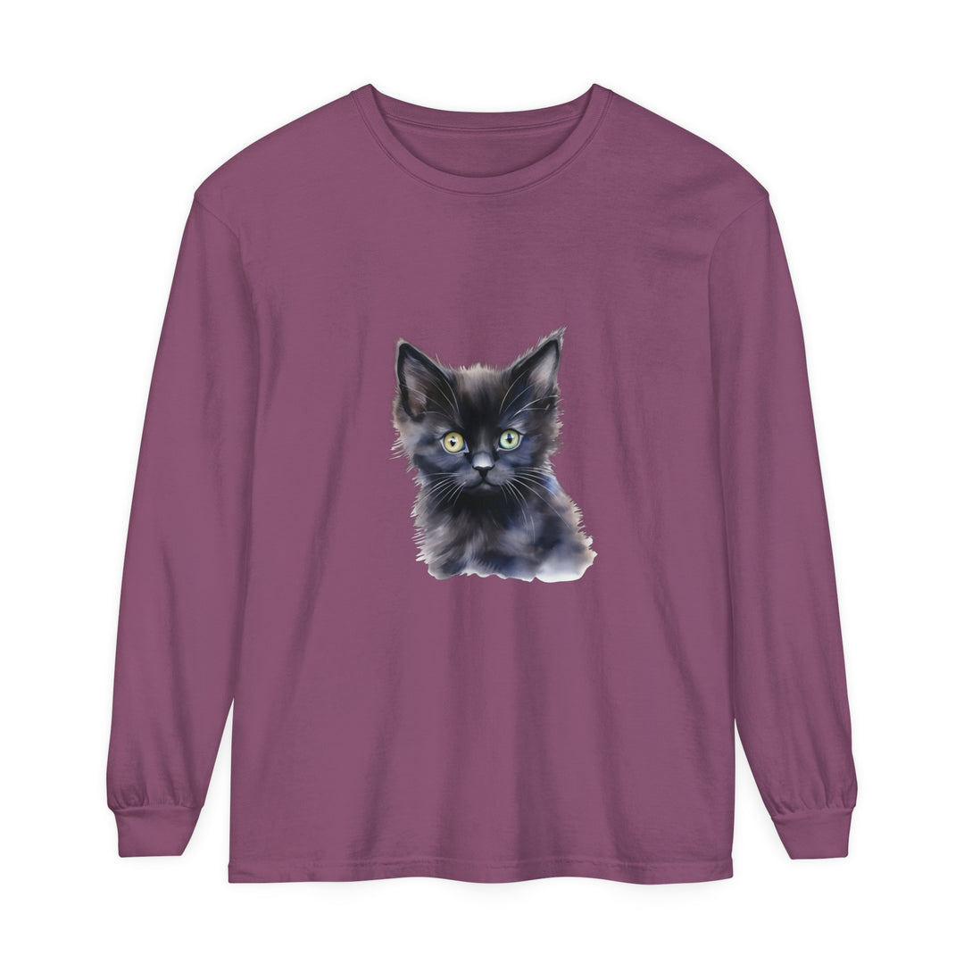 Black unisex long sleeve t-shirt featuring a mystical kitten design