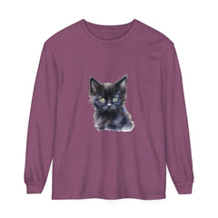 Black unisex long sleeve t-shirt featuring a mystical kitten design