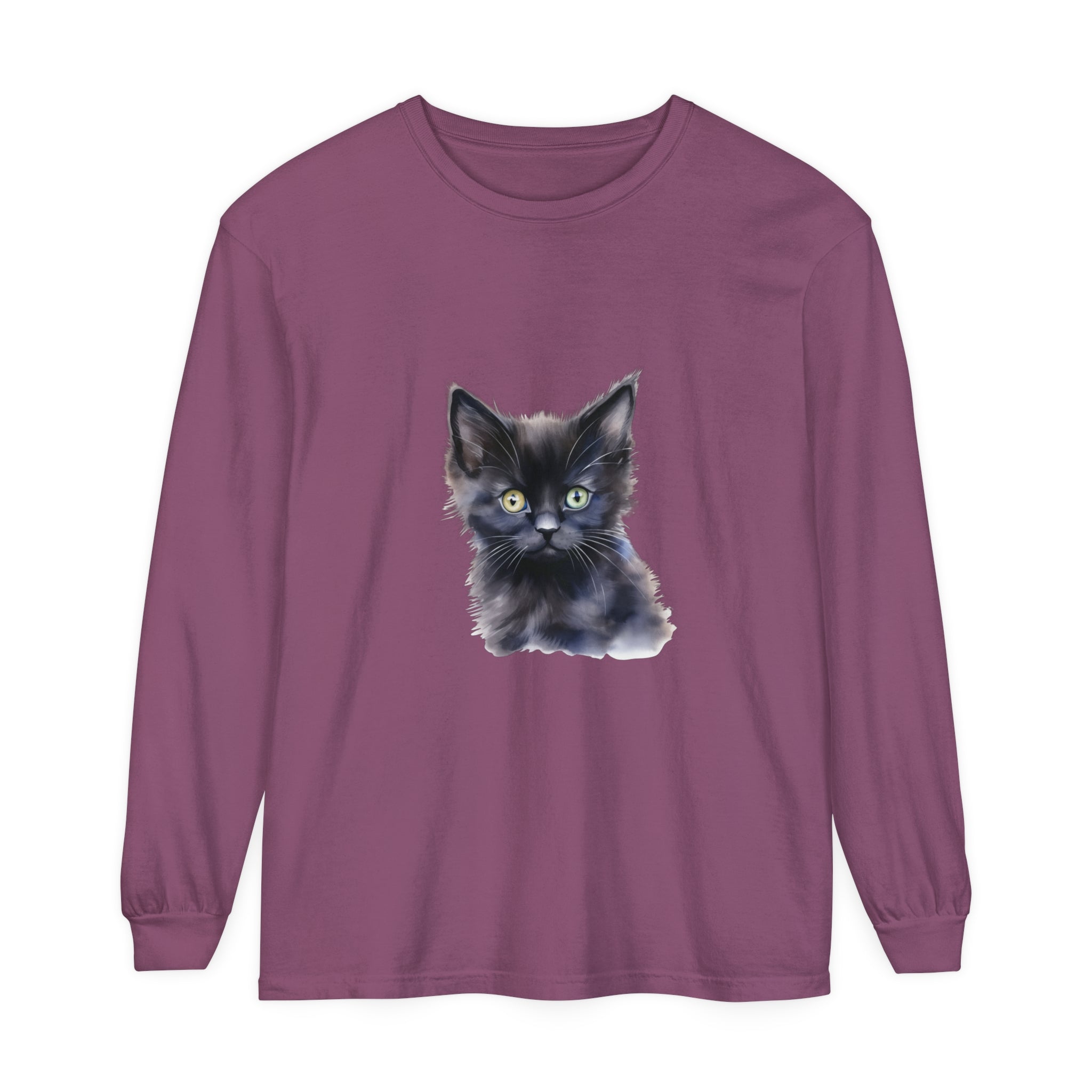 Black unisex long sleeve t-shirt featuring a mystical kitten design